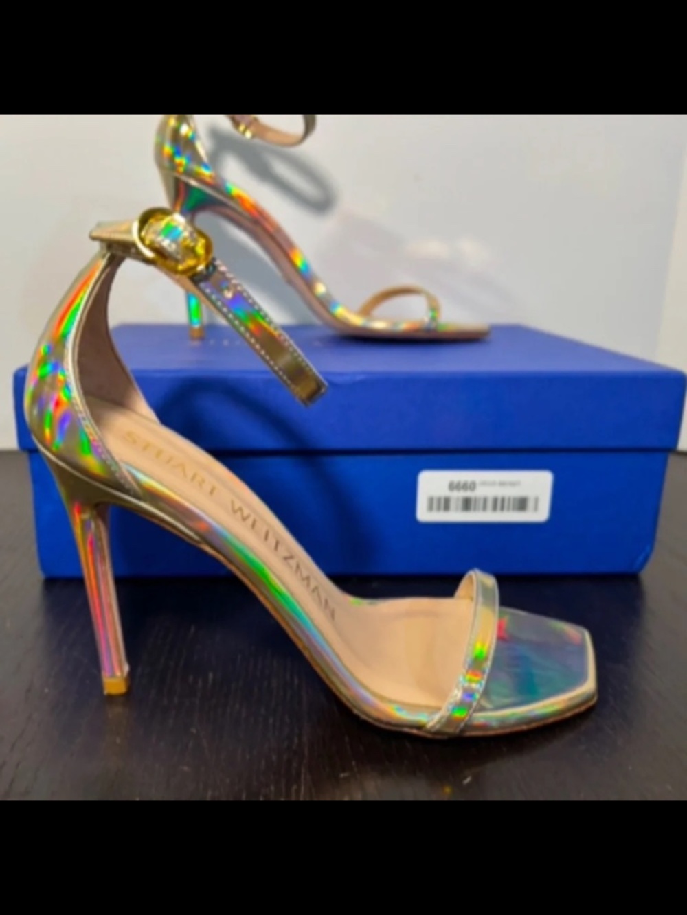 Stuart Weitzman Nudistcurve 100 Hologram Gold Patent Leather Sandals EU 36.5/US6